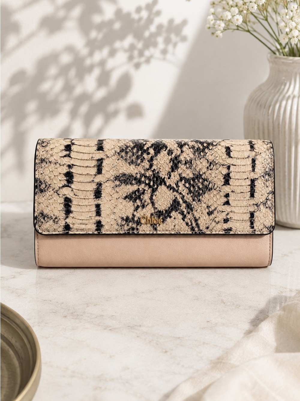 Coach Snakeskin Print Leather Flap Wallet Nude Beige Long Continental Wallet - Picture 1 of 12